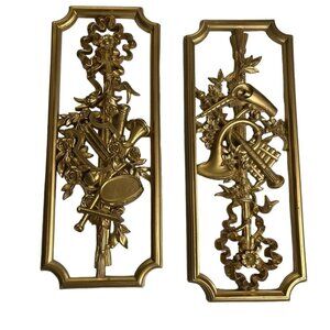 Syroco 1964 Gold Ornate Wall Plaques Set Vintage Floral Musical Instruments u
